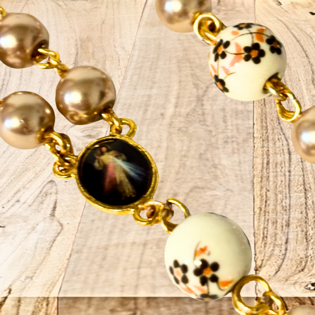 Champagne Glass And Porcelain Beaded Holy Rosary