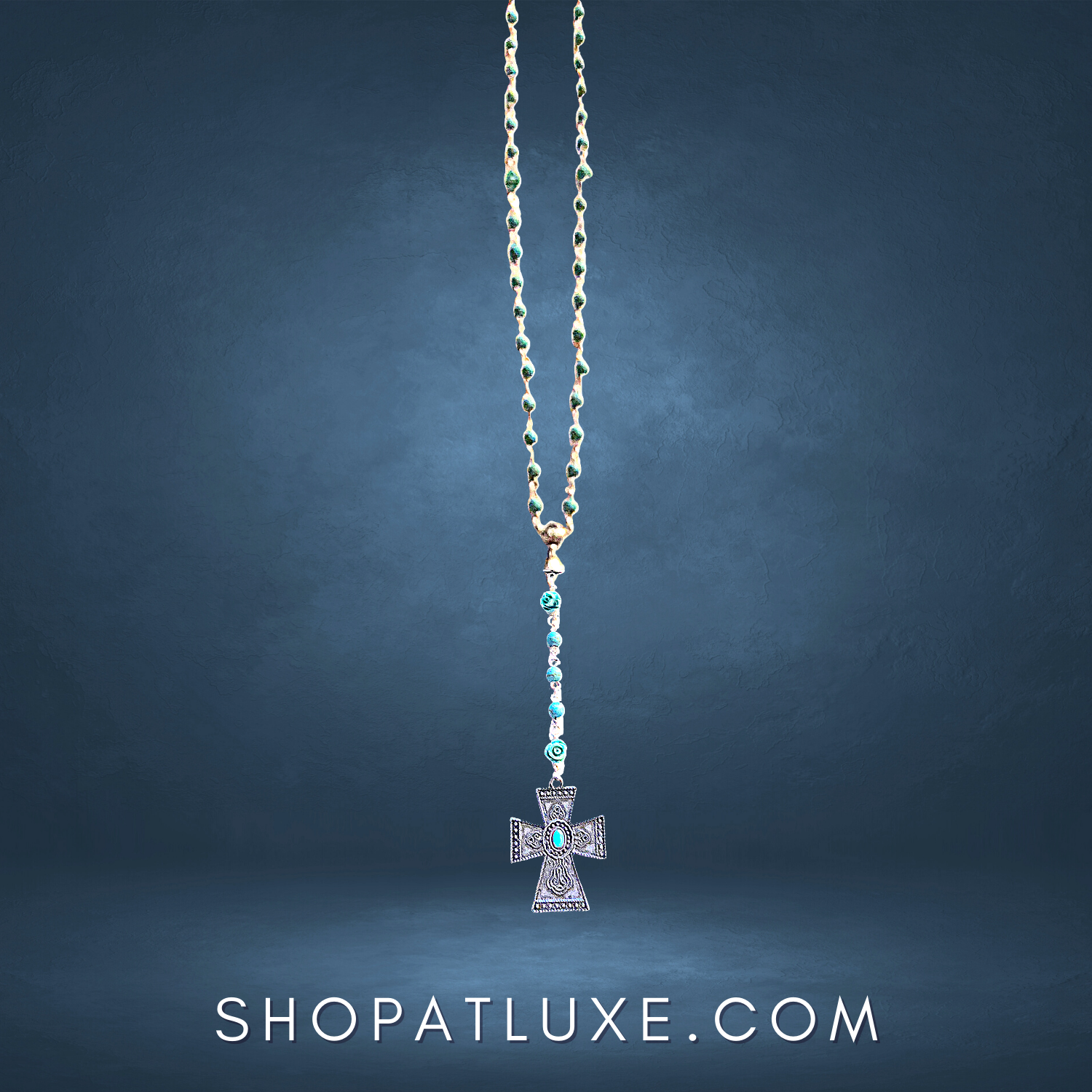 Genuine Turquoise Beaded Rosary With Pewter Gothic Cross