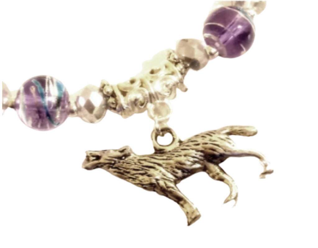 Crystal And GLass Wolf Charm Beaded Bracelet
