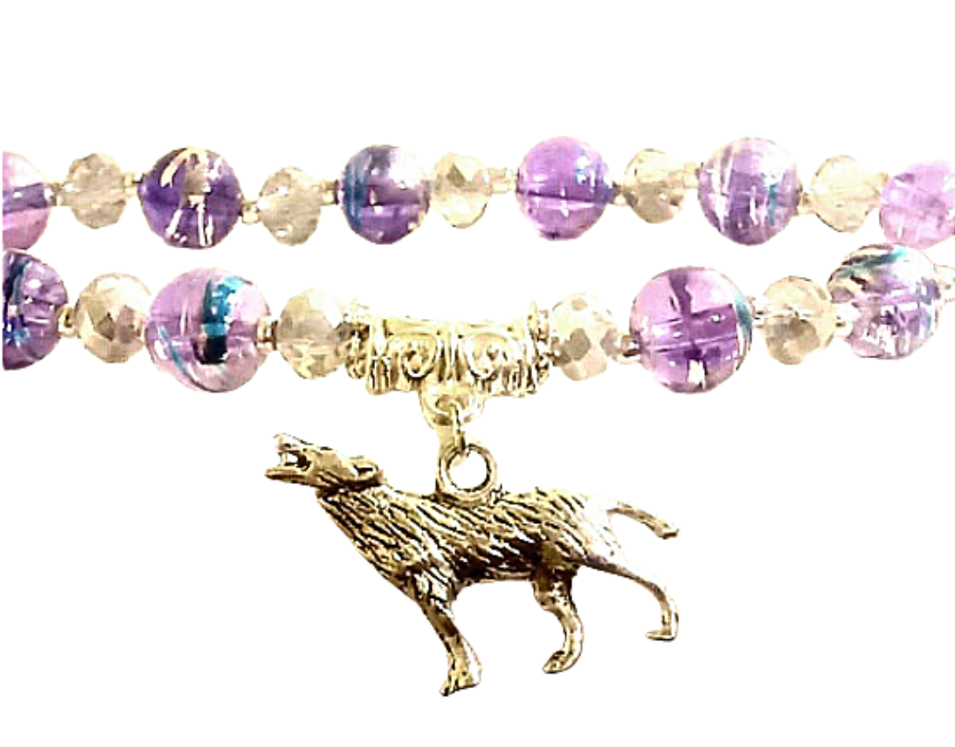 Crystal And GLass Wolf Charm Beaded Bracelet
