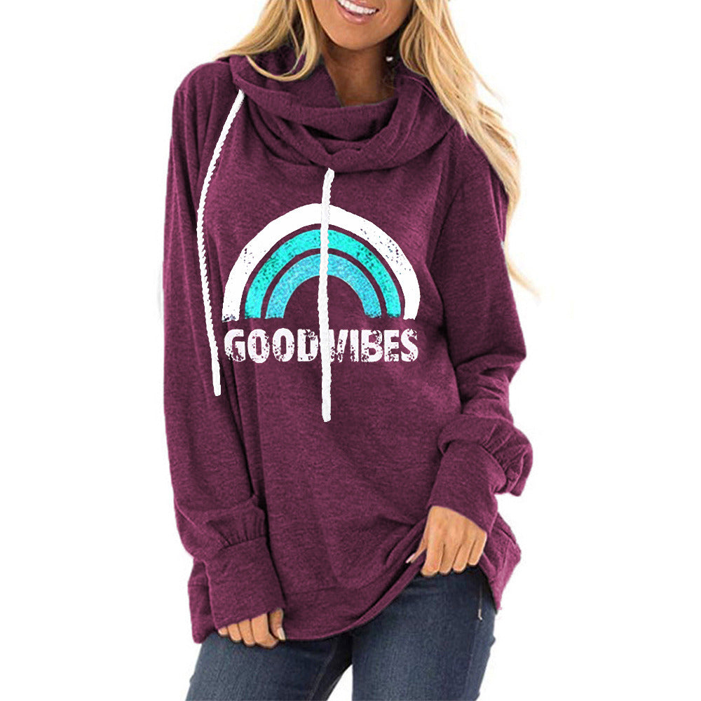 2021 autumn and winter women's new drawstring hooded sweater GOOD VIBES rainbow print loose pile collar hooded hoodie