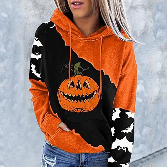 Halloween women's new pumpkin print stitching contrast color hooded sweater