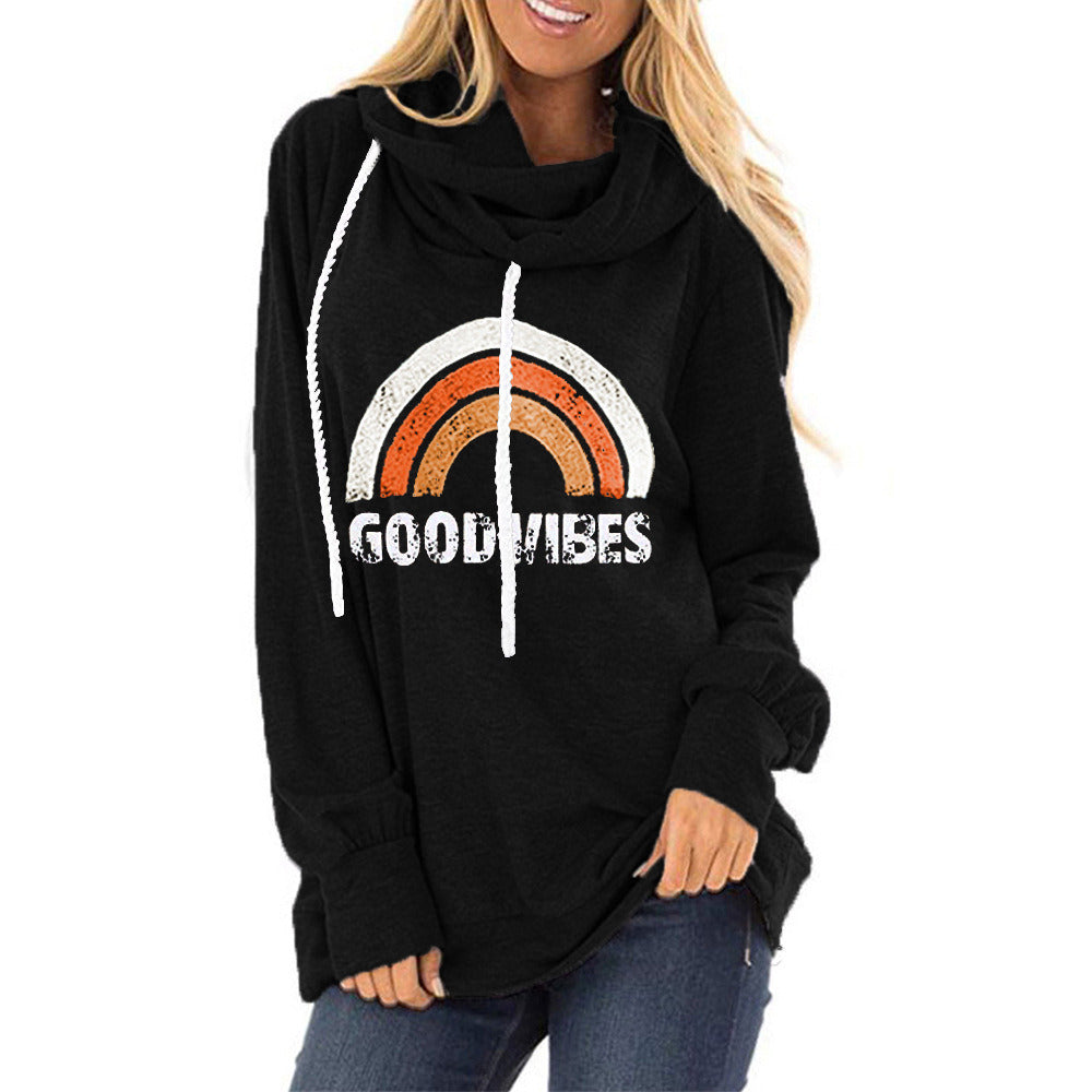 2021 autumn and winter women's new drawstring hooded sweater GOOD VIBES rainbow print loose pile collar hooded hoodie