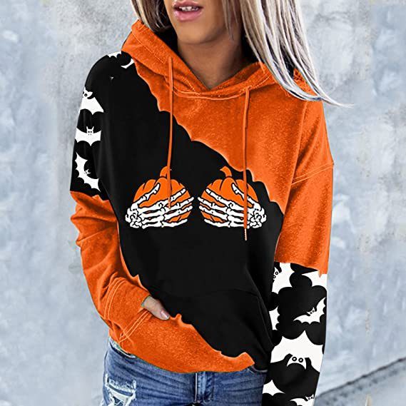 Halloween women's new pumpkin print stitching contrast color hooded sweater